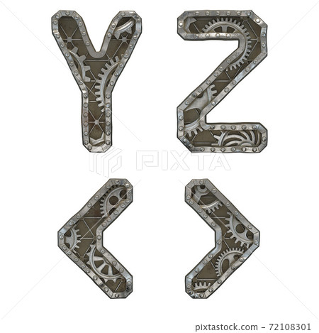 Mechanical alphabet made from rivet metal with gears on white background. Set of letters Y, Z and symbol left, right angle bracket. 3D Mechanical alphabet made from rivet metal with gears on white background. Set of letters Y, Z and symbol left, right angle bracket. 3D 72108301