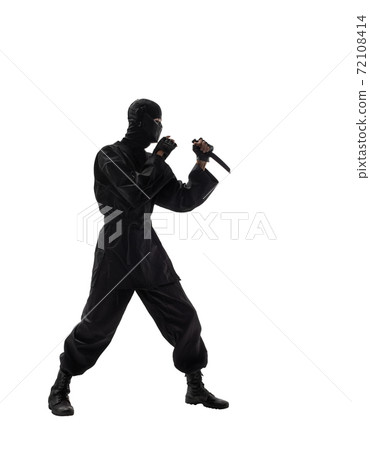 japanese ninja in black uniform on white background 72108414