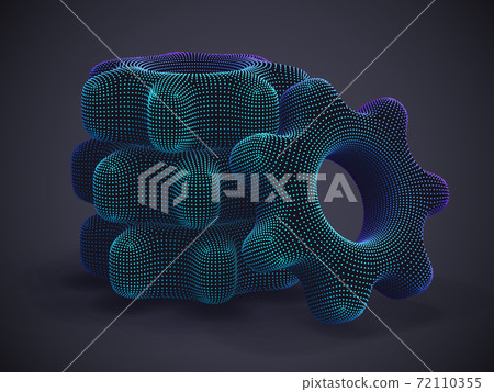 Stack of 3D digital futuristic gears on gray background. 72110355