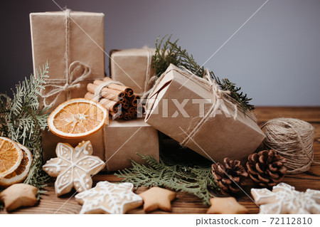 Christmas gift boxes with natural rustic decorations 72112810