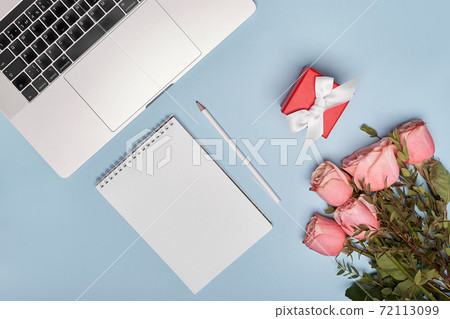 flat lay notebook, notepad, pencil, present and flat lay notebook, notepad, pencil, present and 72113099