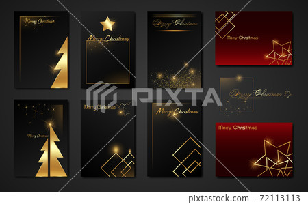Merry Christmas set cards, black and red templates with gold holiday tree and golden xmas elements, stars, 2020, 2021 glittering luxury frames ideal for greeting card, poster or web design, vector  72113113