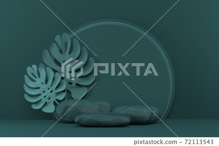 Mock up podium for product presentation three rocks with tropical leafs 3D 72113543