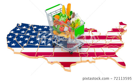 Purchasing power in the USA concept. Shopping cart with American map, 3D rendering Purchasing power in the USA concept. Shopping cart with American map, 3D rendering 72113595
