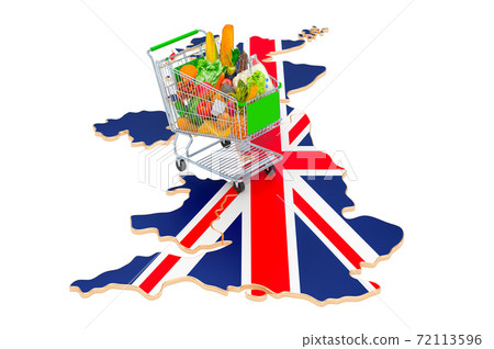 Purchasing power in the United Kingdom concept. Shopping cart with British map, 3D rendering Purchasing power in the United Kingdom concept. Shopping cart with British map, 3D rendering 72113596