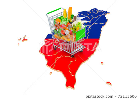 Purchasing power in Taiwan concept. Shopping cart with Thai map, 3D rendering Purchasing power in Taiwan concept. Shopping cart with Thai map, 3D rendering 72113600