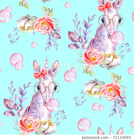 Seamless watercolor pattern cute unicorn blue bow 72114093