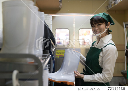 在超市後面工作的人員工靴子的衛生管理 72114686