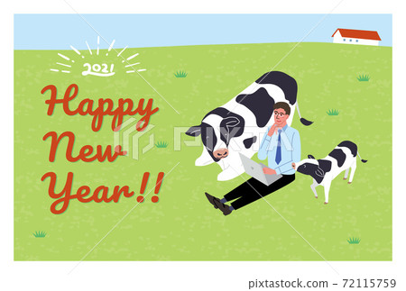 2021 New Year's card design Illustration of a man with a cow and remote work Ox year 72115759