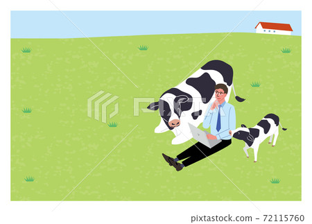2021 New Year's card design Illustration of a man with a cow and remote work Ox year 72115760