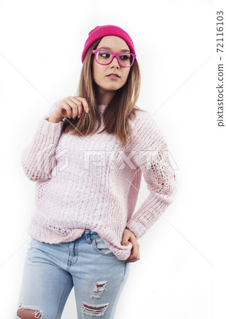 young pretty stylish hipster girl posing emotional isolated on white background happy smiling cool smile, lifestyle people concept young pretty stylish hipster girl posing emotional isolated on white background happy smiling cool smile, lifestyle people concept 72116103