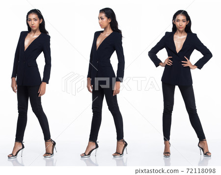 Asian Woman black hair stand 360 turn rear side back view isoalted Asian Woman black hair stand 360 turn rear side back view isoalted 72118098