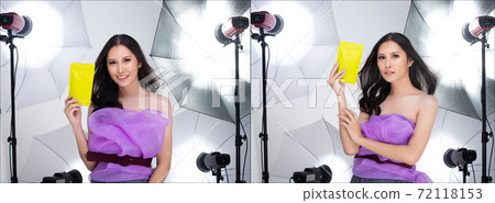 women shows green package which has empty green area women shows green package which has empty green area 72118153
