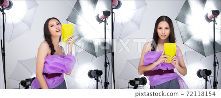 women shows green package which has empty green area women shows green package which has empty green area 72118154