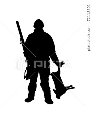 A hunter with a gun holds in his hands prey a hare A hunter with a gun holds in his hands prey a hare 72118801