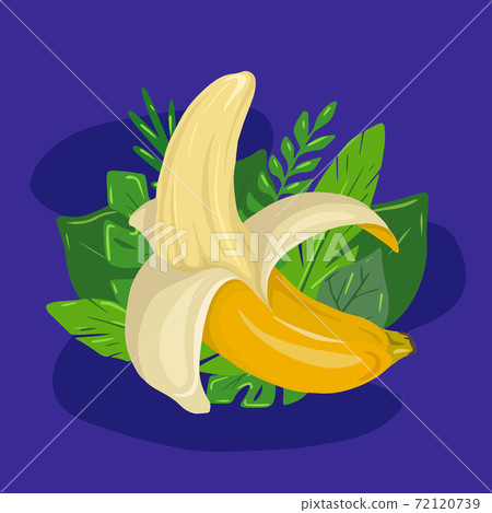 Cartoon open banana with tropical leaves and blue background. Delicious juicy treat. Vector flat illustration Cartoon open banana with tropical leaves and blue background. Delicious juicy treat. Vector flat illustration 72120739