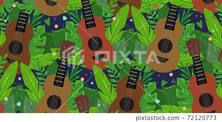 Seamless pattern with flat ukuleles with musical notes and tropical leaves on dark background. Hawaiian music. Musical string instrument. Seamless cartoon nature texture 72120773