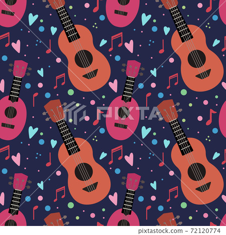 Seamless pattern with flat ukuleles with musical notes and hearts on dark violet background. Love music. Musical string instrument. Seamless cartoon texture Seamless pattern with flat ukuleles with musical notes and hearts on dark violet background. Love music. Musical string instrument. Seamless cartoon texture 72120774