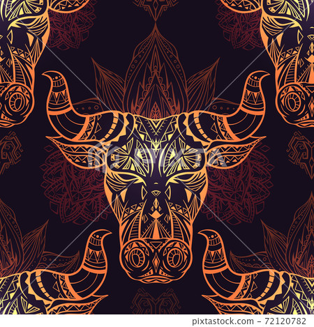 Seamless pattern with gold ethnic bull head with mehendi decoration and mandala on dark background. Symbol of the new year with tribal decoration. Vector texture Seamless pattern with gold ethnic bull head with mehendi decoration and mandala on dark background. Symbol of the new year with tribal decoration. Vector texture 72120782