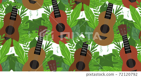 Seamless pattern with flat ukuleles with musical notes and tropical leaves. Hawaiian music. Musical string instrument. Seamless cartoon nature texture 72120792