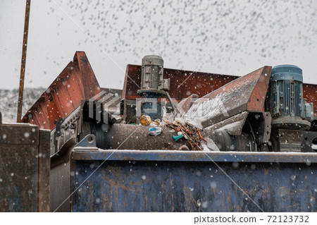 Moving conveyor transporter on Modern waste recycling processing plant. Separate and sorting garbage collection. Recycling and storage of waste for further disposal. 72123732