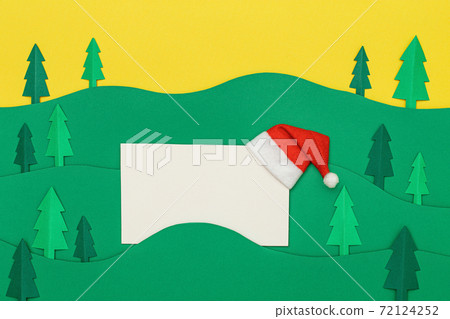 Christmas tree paper cutting design papercraft card with Santa Claus hat. Paper cut Christmas trees. Christmas tree paper cutting design papercraft card with Santa Claus hat. Paper cut Christmas trees. 72124252