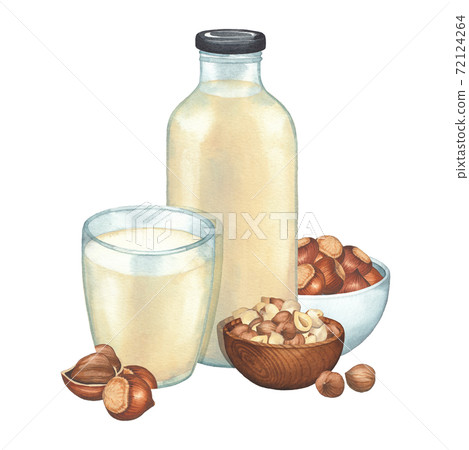 Watercolor glass and bottle of the plant based milk surrounded by bowls of hazelnuts and nuts. Watercolor glass and bottle of the plant based milk surrounded by bowls of hazelnuts and nuts. 72124264