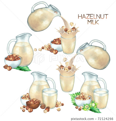 Watercolor collection of plant based milk in the glass jugs and cups decorated with hazelnuts. Watercolor collection of plant based milk in the glass jugs and cups decorated with hazelnuts. 72124298