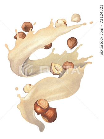 Watercolor stream of plant based milk with hazelnuts. 72124323