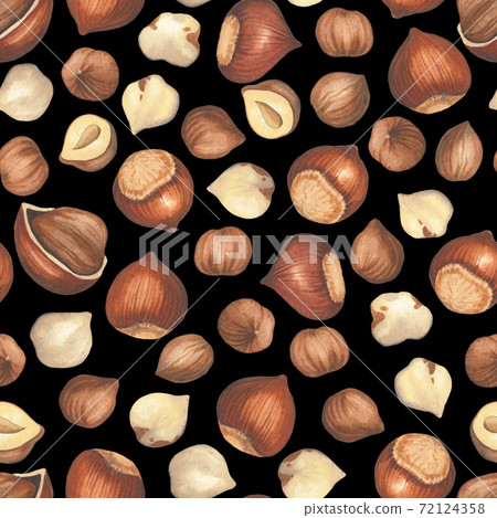 Watercolor seamless pattern of opened and closed hazelnuts. 72124358