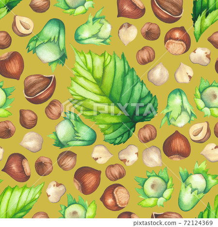 Watercolor seamless pattern of hazelnut leaves and nuts. 72124369