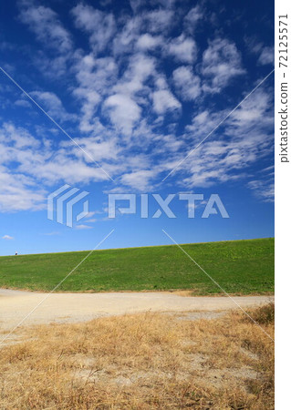 Edogawa riverbed scenery with dead grass and gravel road in winter Edogawa riverbed scenery with dead grass and gravel road in winter 72125571