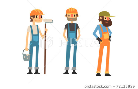 Man Builder Wearing Jumpsuit and Helmet Vector Illustration Set 72125959