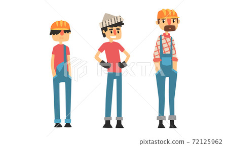 Man Builder Wearing Jumpsuit and Helmet Vector Illustration Set 72125962