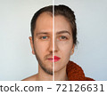 Collage half face portraits of young woman and man. 72126631