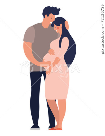 Young modern happy family is expecting a baby. A man hugs a pregnant wife. A pregnant girl and a young father are standing. Flat cartoon vector illustration for design. Young modern happy family is expecting a baby. A man hugs a pregnant wife. A pregnant girl and a young father are standing. Flat cartoon vector illustration for design. 72126759
