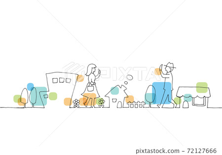 線描圖的人和城鎮景觀 線描圖的人和城鎮景觀 72127666