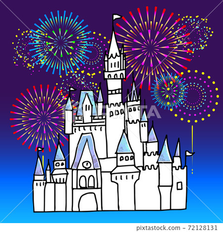 Handwritten line art illustration of Cinderella's castle and fireworks Handwritten line art illustration of Cinderella's castle and fireworks 72128131
