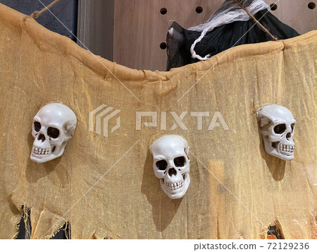 Halloween decoration with skullcap skeleton hanging on the wall  72129236