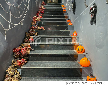 Creepy halloween decoration concept on indoor stairway  72129980
