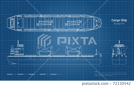 Blueprint of cargo ship on white background. Top, side and front view of tanker. Container boat industrial drawing 72130542