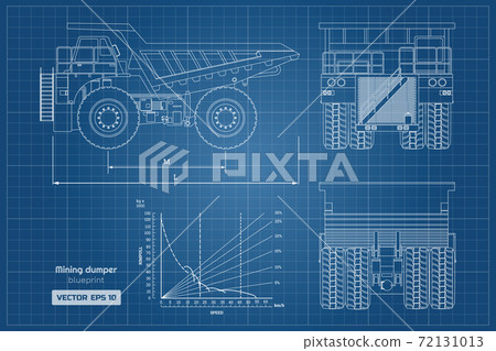 Blueprint of mining dumper. Side, back and front view. Outline heavy truck image. Industrial drawing of cargo car. Diesel  automobile blueprint 72131013