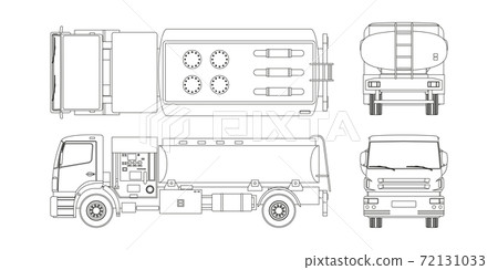 Air fuel truck in outline style. Front, side, top and back view. Maintenance of aircraft. Airfield transport. Tanker for airplane. Industrial blueprint 72131033