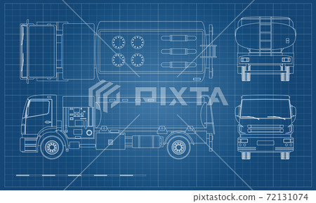 Air fuel truck in outline style. Front, side, top and back view. Maintenance of aircraft. Airfield transport. Tanker for airplane. Industrial blueprint 72131074