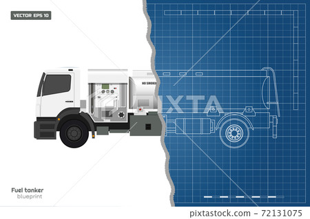 Air fuel truck in outline style. Front, side, top and back view. Maintenance of aircraft. Airfield transport. Tanker for airplane. Industrial 3d realistic blueprint 72131075