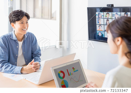Employees holding a video conference Employees holding a video conference 72133347