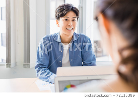 Employees holding a video conference Employees holding a video conference 72133399