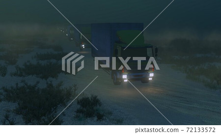 Military motorcade on a desert road at night 3D Military motorcade on a desert road at night 3D 72133572