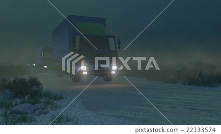 Military trucks on a dirt desert road at night 3D Military trucks on a dirt desert road at night 3D 72133574