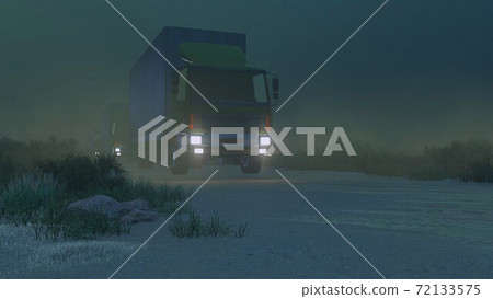 Military trucks on a desert road at foggy night 3D Military trucks on a desert road at foggy night 3D 72133575